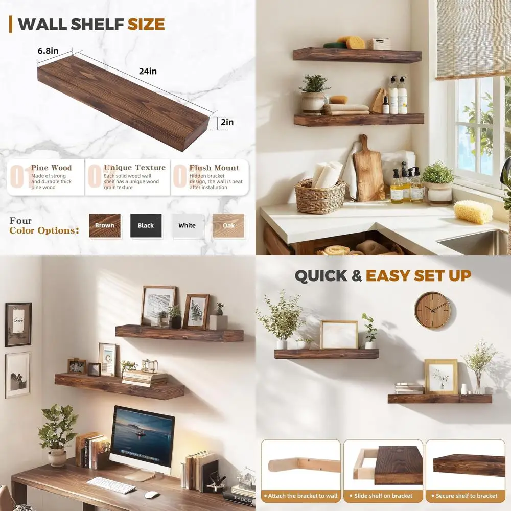

Set of 2 Brown Wooden Floating Shelves - Rustic Wall Mounted for Home Living Room, Bedroom, Kitchen Decor