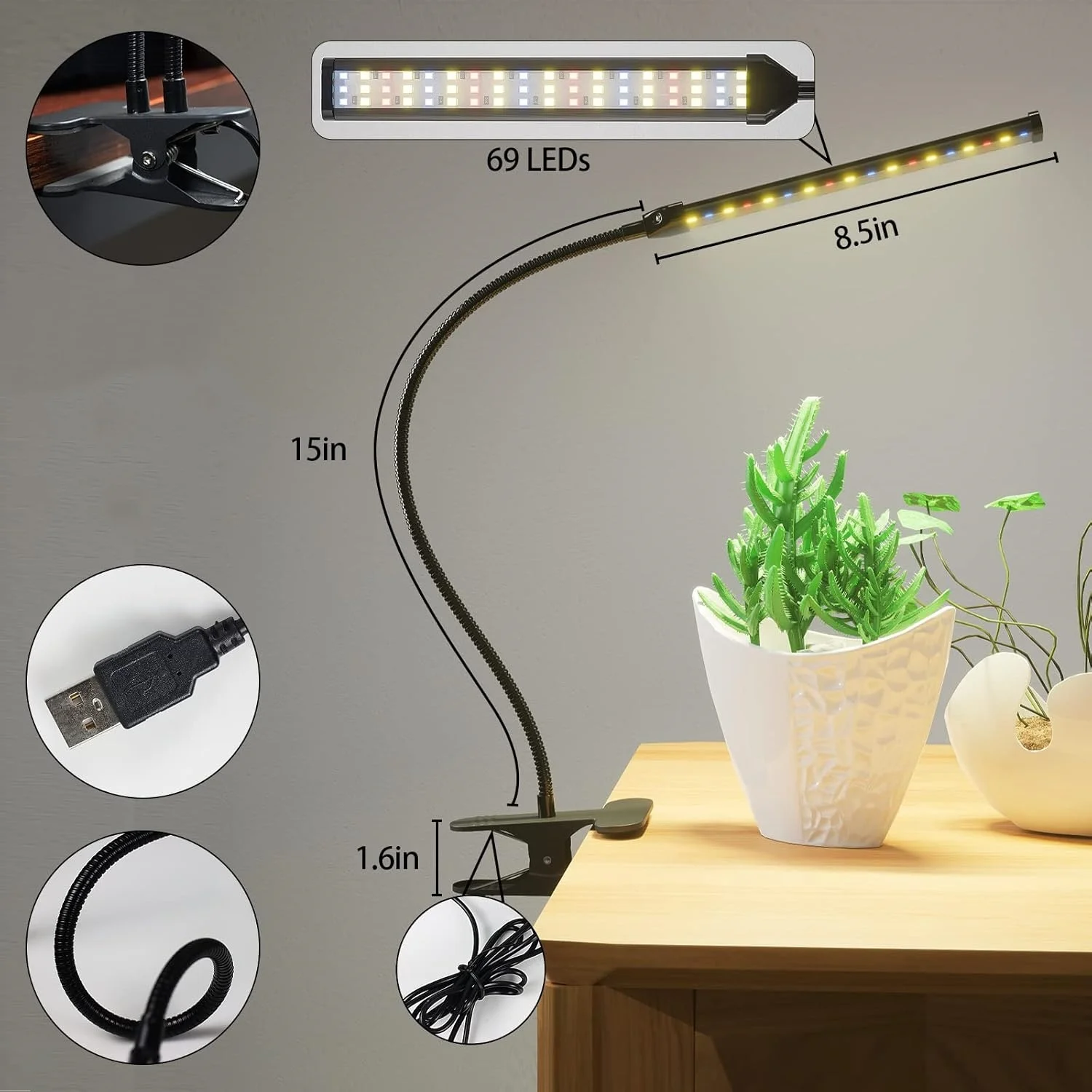 

3Colors Clip Full Spectrum Grow Light LED Gooseneck Lamp USB Brightness Color Mode Changeable 5V Timing Control 4/8/12/18Hours