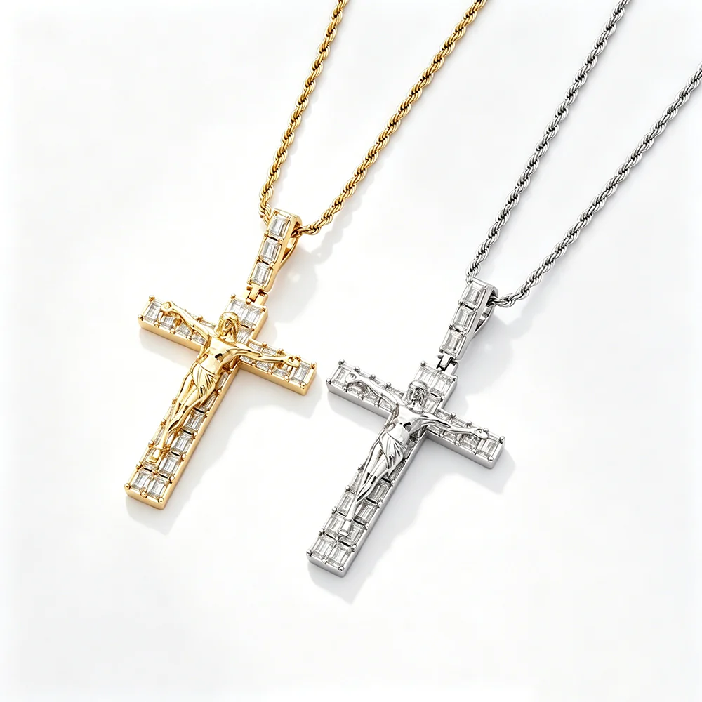

ESKEEM 5A Rectangle CZ Zircon Bling Iced Jesus Cross Pendant Necklace Men Women Religious Fashion Hip Hop Jewelry Party