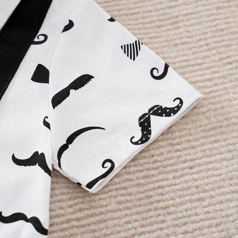 Newborn Baby Boy Summer short sleeve clothing 0-18M one-piece white cotton mustache gentleman\'s bow tie printing fashion romper