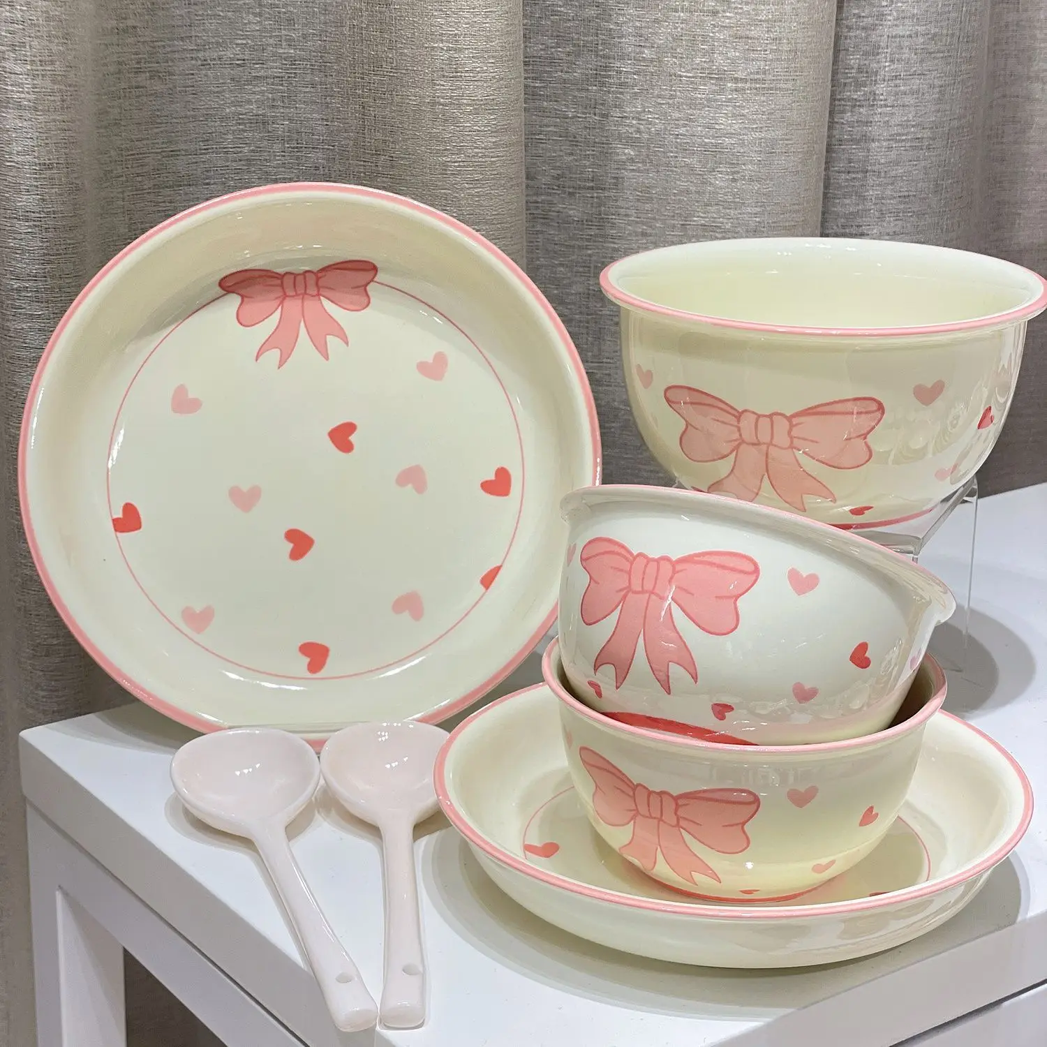 

Ceramic Tableware Korean Lovely Bow Wave Lace Ceramic Plate Rice Bowl Wedding Cake Dim Sum Set Plate Girl Heart Plate Birthday