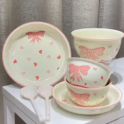 Ceramic Tableware Korean Lovely Bow Wave Lace Ceramic Plate Rice Bowl Wedding Cake Dim Sum Set Plate Girl Heart Plate Birthday