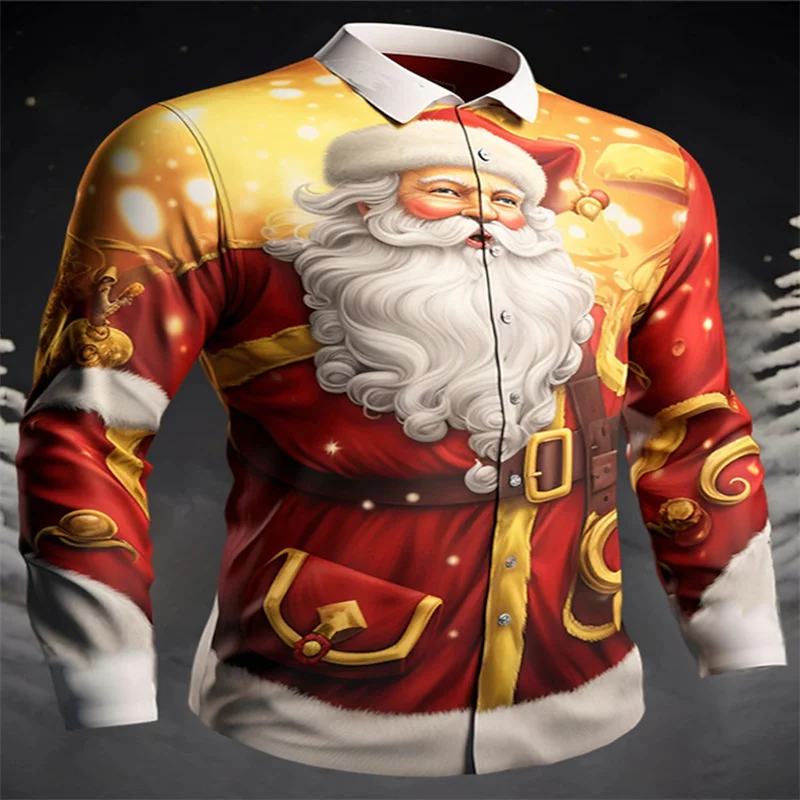 Santa Claus casual men's shirt for daily wear out autumn and winter lapel long sleeve four-sided stretch fabric shirt