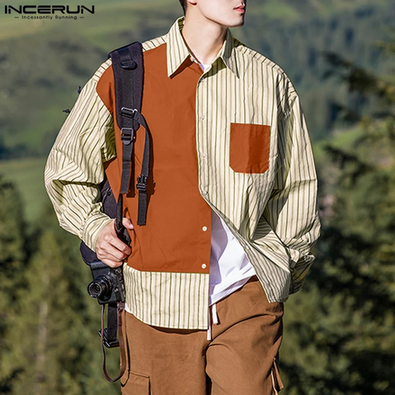 

INCERUN Men Shirt Striped Patchwork Lapel Long Sleeve Loose Men Clothing Korean Style Streetwear Fashion Casual Male Shirts Tops