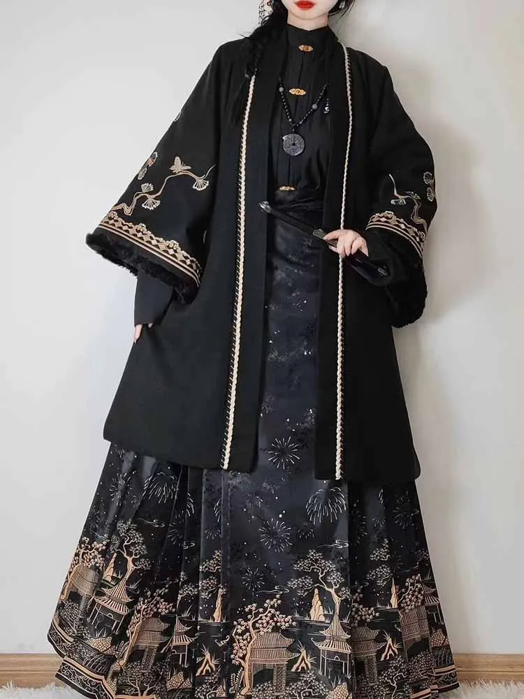 

Chinese Ancient Embroidered Black Hanfu Coat Cosplay Costume Winter Thickened Hanfu Plus Size Large Size 8XL Hanfu Suits Women