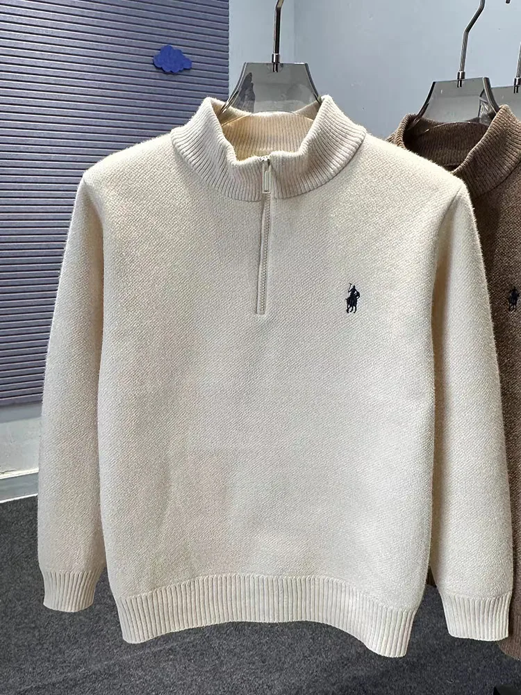 

Высококачественный вязаный свитер с воротником-стойкой и полумолнией мужской зимний новый толстый теплый модный дизайнерский брендовый пуловер с вышивкой пони