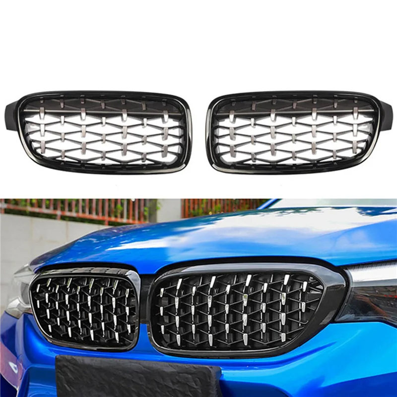 4X Front Bumper Diamond Kidney Grille Racing Grille For BMW-3 Series F30 F31 320I 325I 328I 330I 2012-2018 Silver+Black