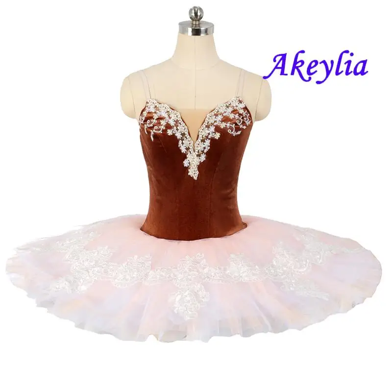 White Swan Lake Ballet Tutu Pre-professional Ballet Costume pink Girls Ballerina Dress pancake Dancewear for Adult brown 18071