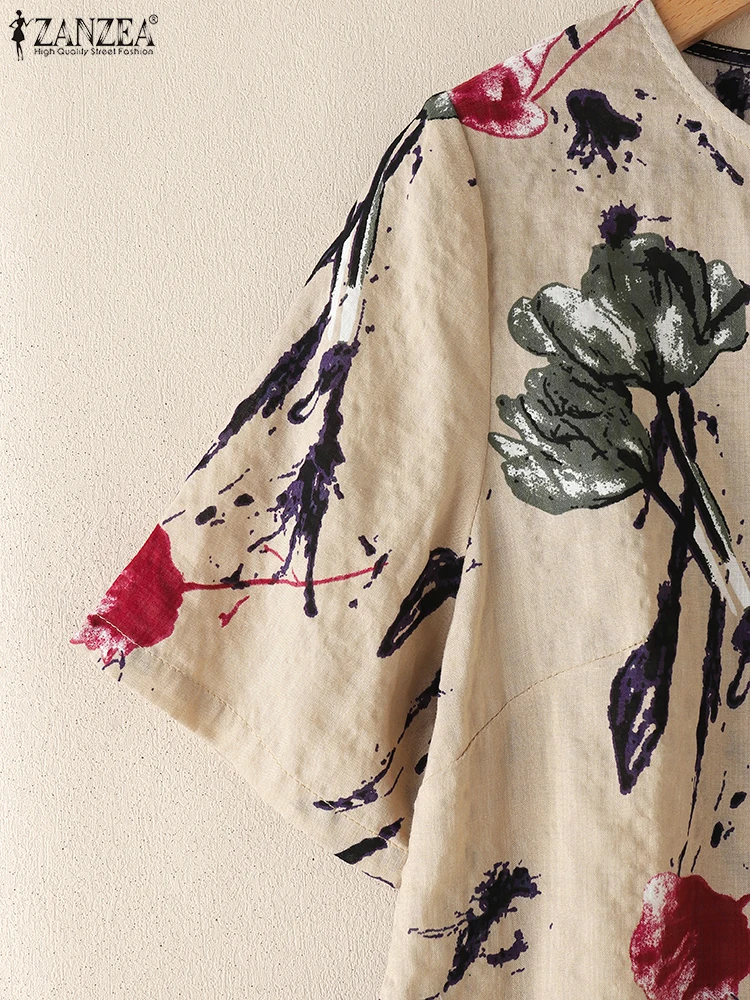 ZANZEA Koszulki z mieszanki bawełny w stylu vintage z kwiatowym nadrukiem 2025 Letnie bluzki z półrękawkiem i dekoltem w kształcie litery O na co dzień Lekkie koszulki