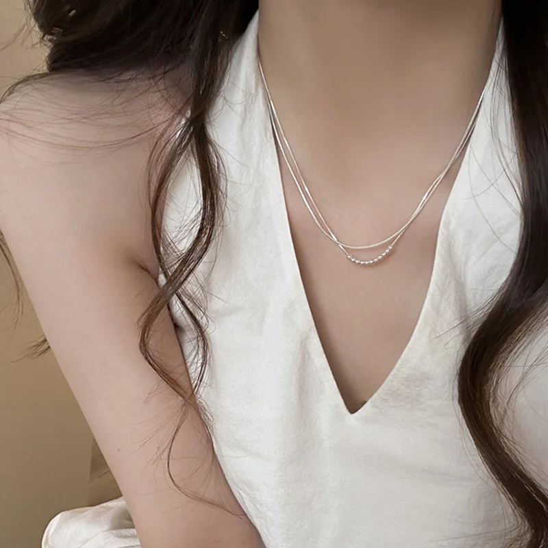 

925 Sterling Silver Double Layer Round Bead Necklace Simple Style Charming Woman Pendant Choker Birthday Gift Exquisite Jewelry