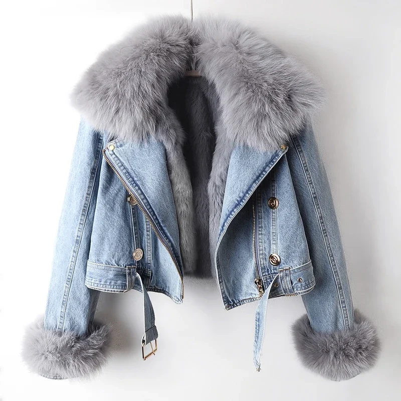 Winter Dicke Echt Fox Pelz Kragen Kaninchen Fell Denim Jacke Saum Gürtel Zipper Frauen Cowboy Oberbekleidung Lose Kurze Jeans Jacke Weibliche