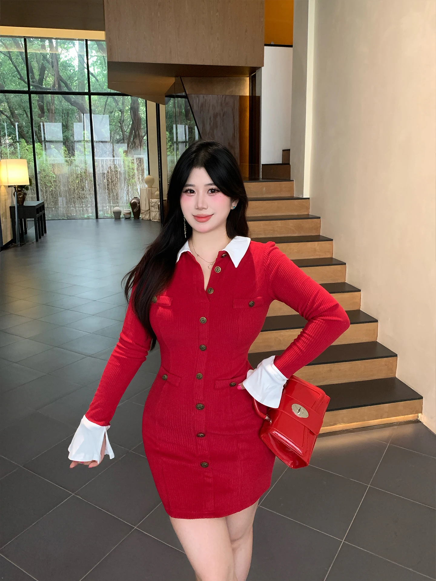 

Babes Faionable Color Blo Red White ort Skirt Long Sve Knitted Dr Large Size Women's Clothing Commute Sle Polye...