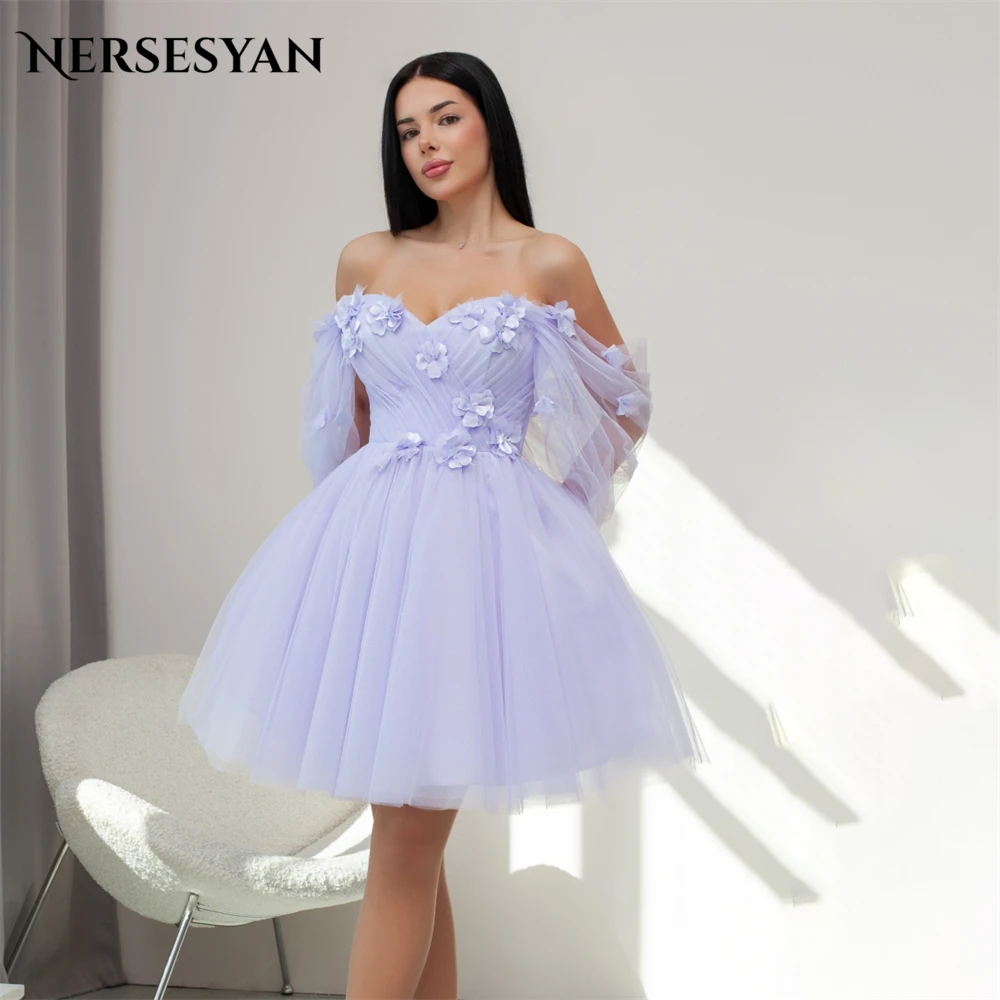 

Nersesyan Lavender Elegant Lace Formal Evening Dresses 3D Flowers Off Shoulder A-Line Prom Dress Backless Homecoming Party Gowns