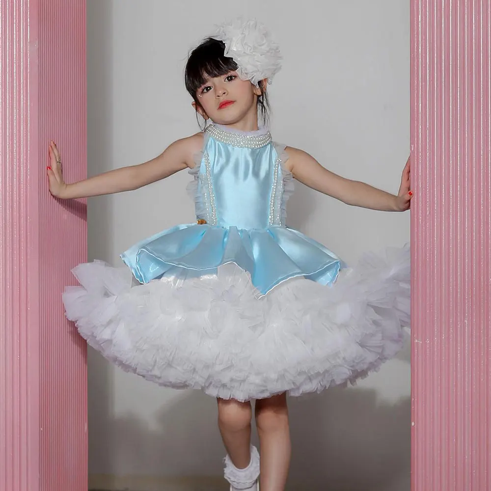 Jill Wish Luxury Sky Blue Girl Dress Pearls Baby Kids Princess Birthday Wedding Party Children Holy Communion Gown 2024 J027