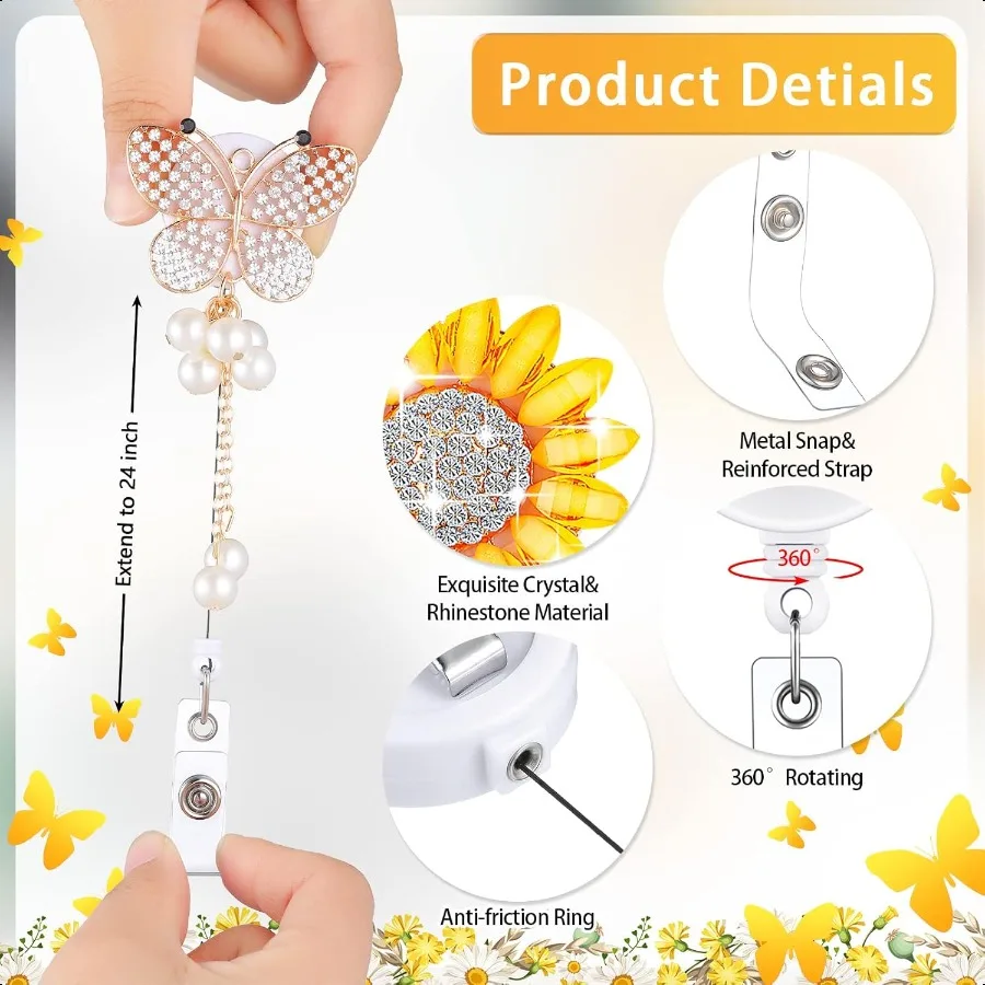 6 Pieces  Badge Reels Retractable Rhinestone Butterfly Badge Holders with Alligator Clip Bling Sunflower Bee ID Name Card Holde