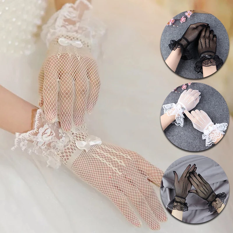 Womens Black White Summer Sunscreen Driving Gloves Mesh Fishnet Gloves Lace Mittens Full Finger Bride Lace Fashion Mittens