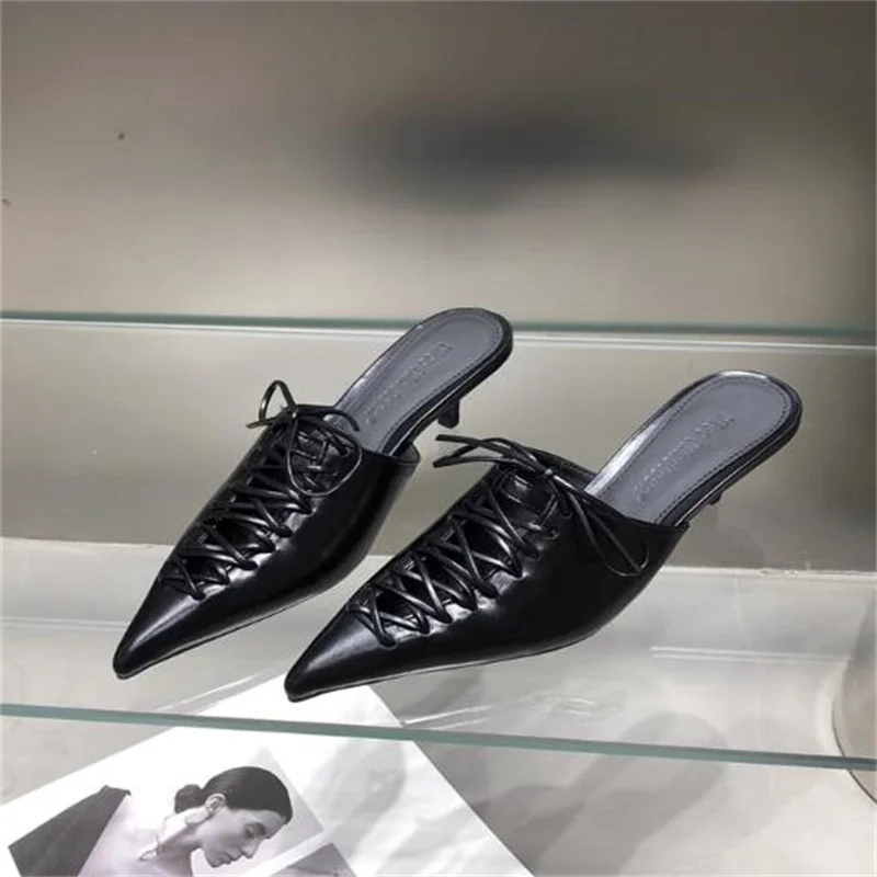 

Crossover Strap Shoes for Lady Pointed Toes Low Heels Lace-up Female Mules Zapatos PU Leather Womens Sewing Lines Chassure Femme