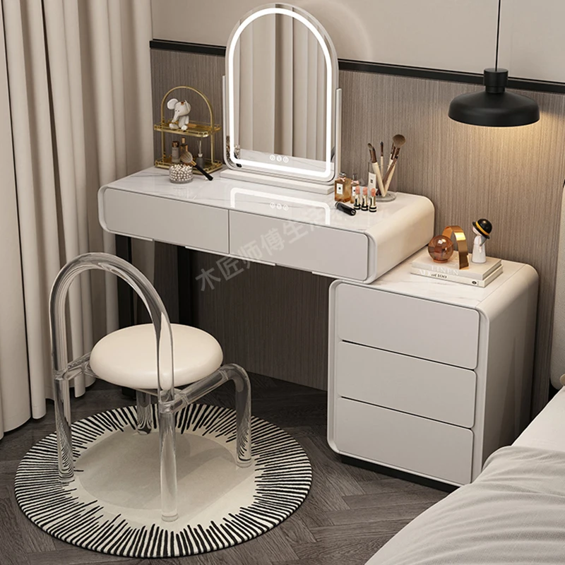 Minimalist Grey Vanity Table Luxury Mirror Simple Makeup Vanity Table Stylish Chair Tocador Maquillaje Con Luces Furniture