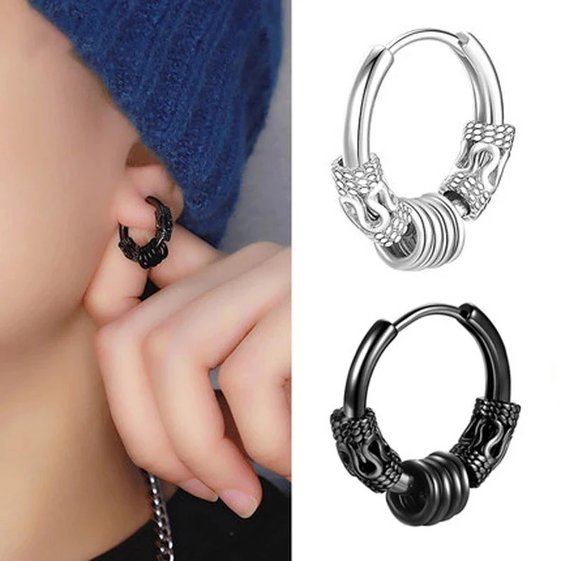 2PC Punk Men\'s Stainless Steel Hoop Earrings For Women Hip Hop Totem Earring For Men Earrings Gothic Ear Stud Jewelry Party Gift