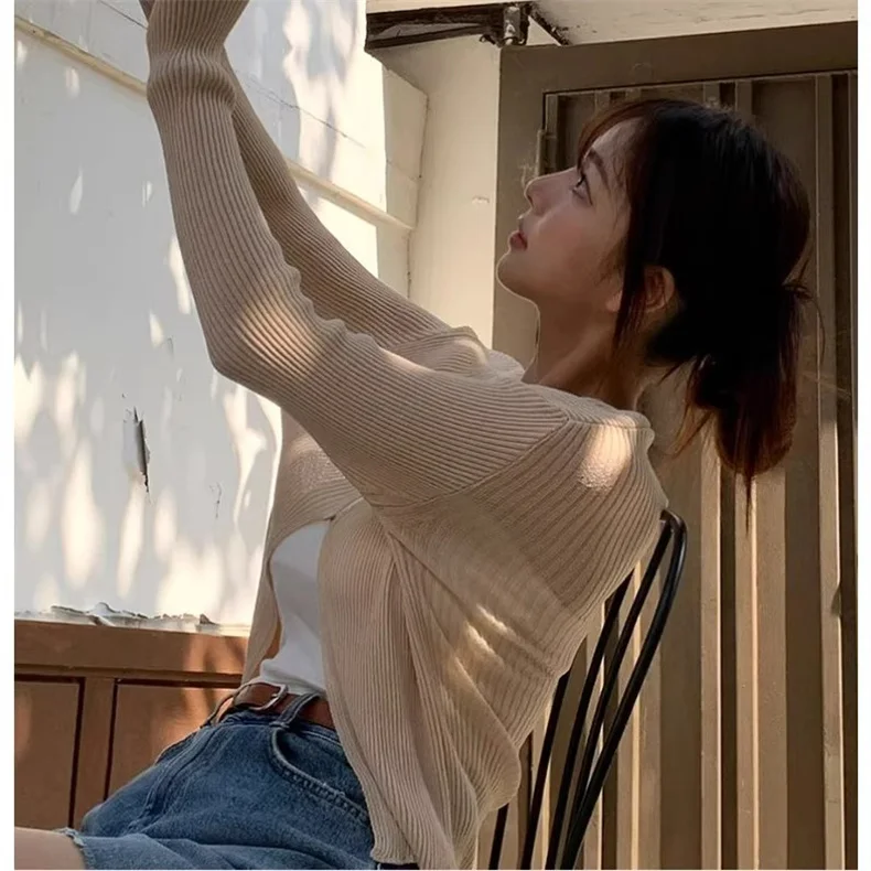 Autunno 2025 Dongda Gate Early New Sle Donna Slim Fit Lungo Sve Cardigan aperto lavorato a maglia Colore puro Versatile Top in maglia sottile