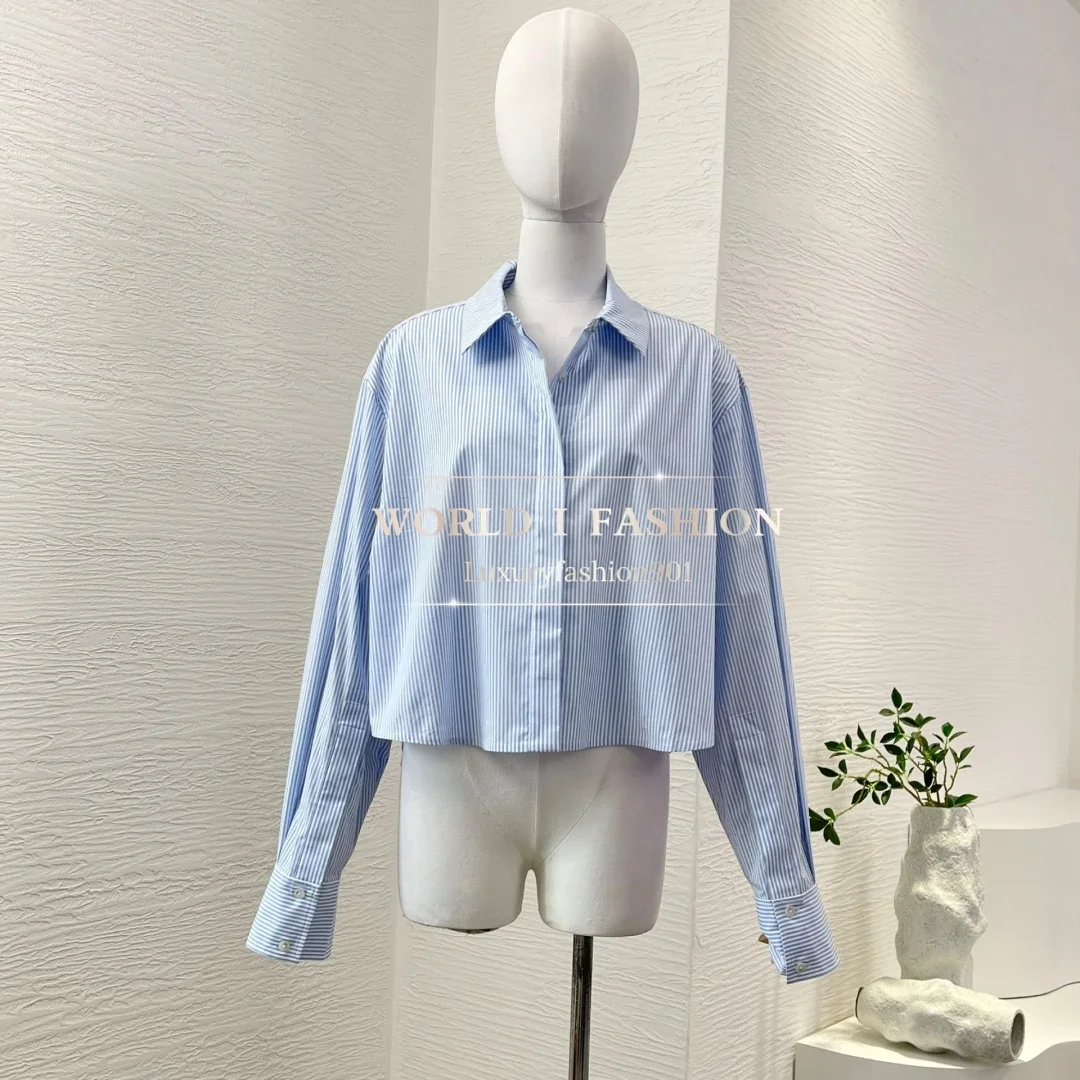 

2025 New Beautiful Blue Long Sleeve Striped Print Lapel Blouse Tops