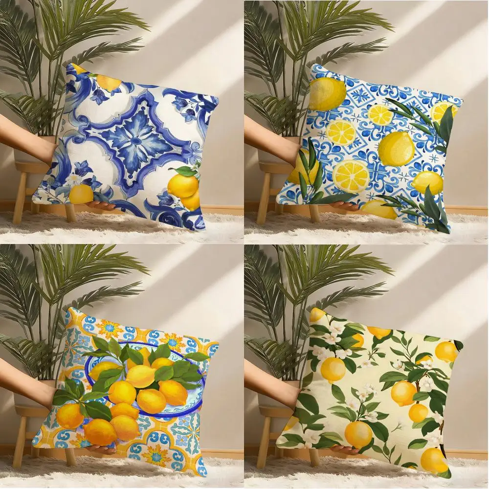 Mediterranean Lemon Tile Cushion Cover Natural Linen Organic Fabric Double-Sided Printing Breathable Perfect Gift For Decor