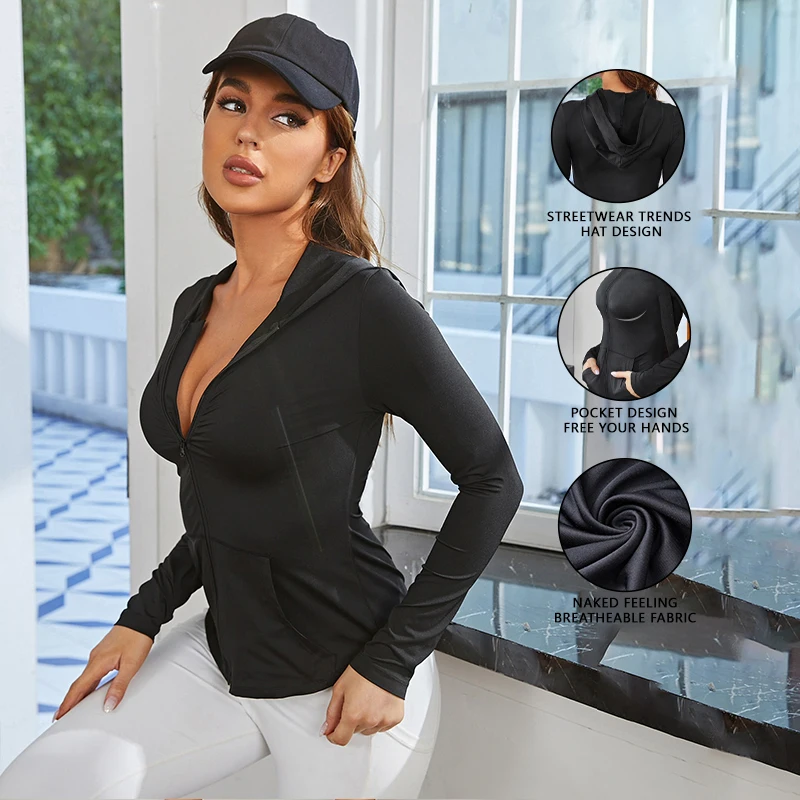 Casaco feminino preto justo, respirável, sexy, para ioga, atividades ao ar livre, com zíper, para exercícios, fitness, corrida e treino.