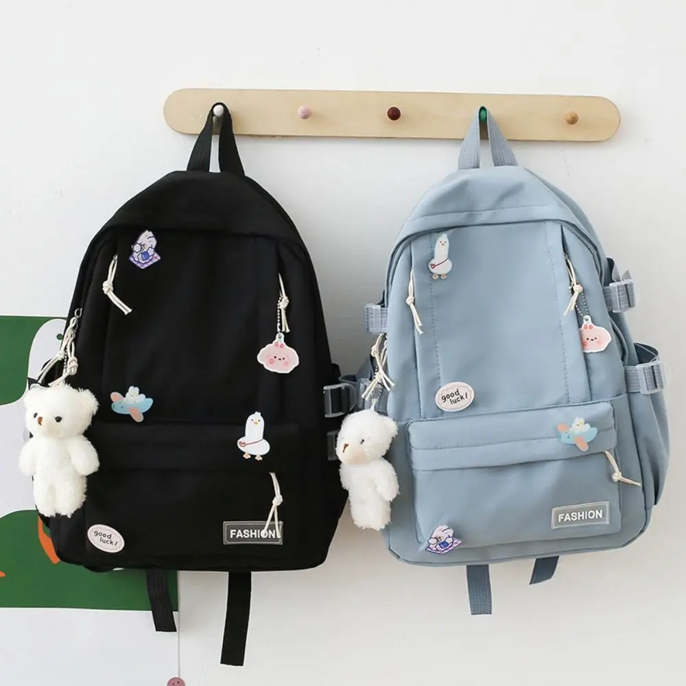Cute Bear Pendant Solid Color Backpack Badge Large Capacity Students School Bag Storage Bag Travel Bag Shoulder Bag Students