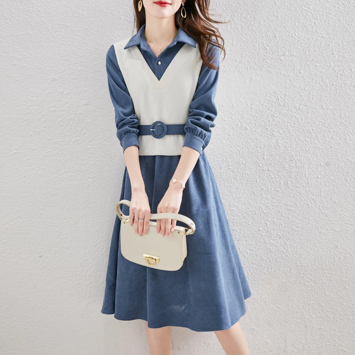 

Faionable Fake Two-Piece Dr Women's Clothing Tagl Collared Autumnal Ele Single Piece Wardrobe ential