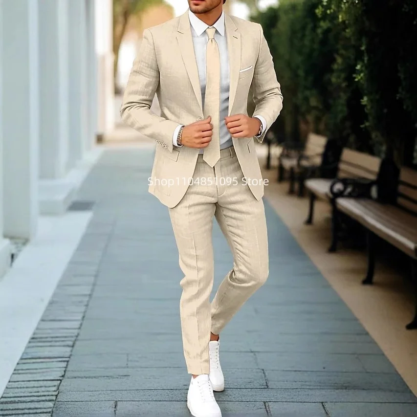 

2 Piece Beige/Blue Men Suits Notch Lapel Jacket Slim Fit Groom Tuxedos Blazer Pants Sets Wedding Party Men Clothes