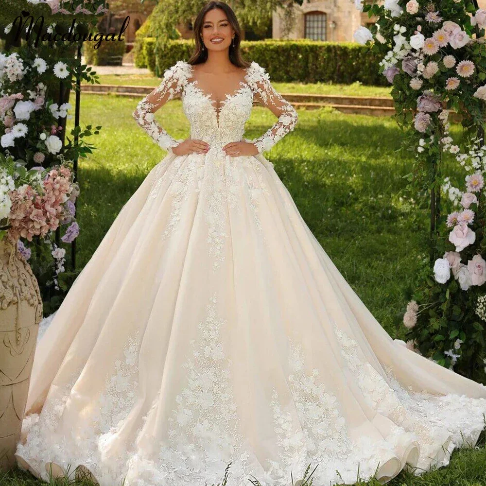 Charming Fashionable V-neck Bridal Dress For Women Ball Gown Long Sleeves Lace Appliques Vestido De Casamento Custom Made 2025