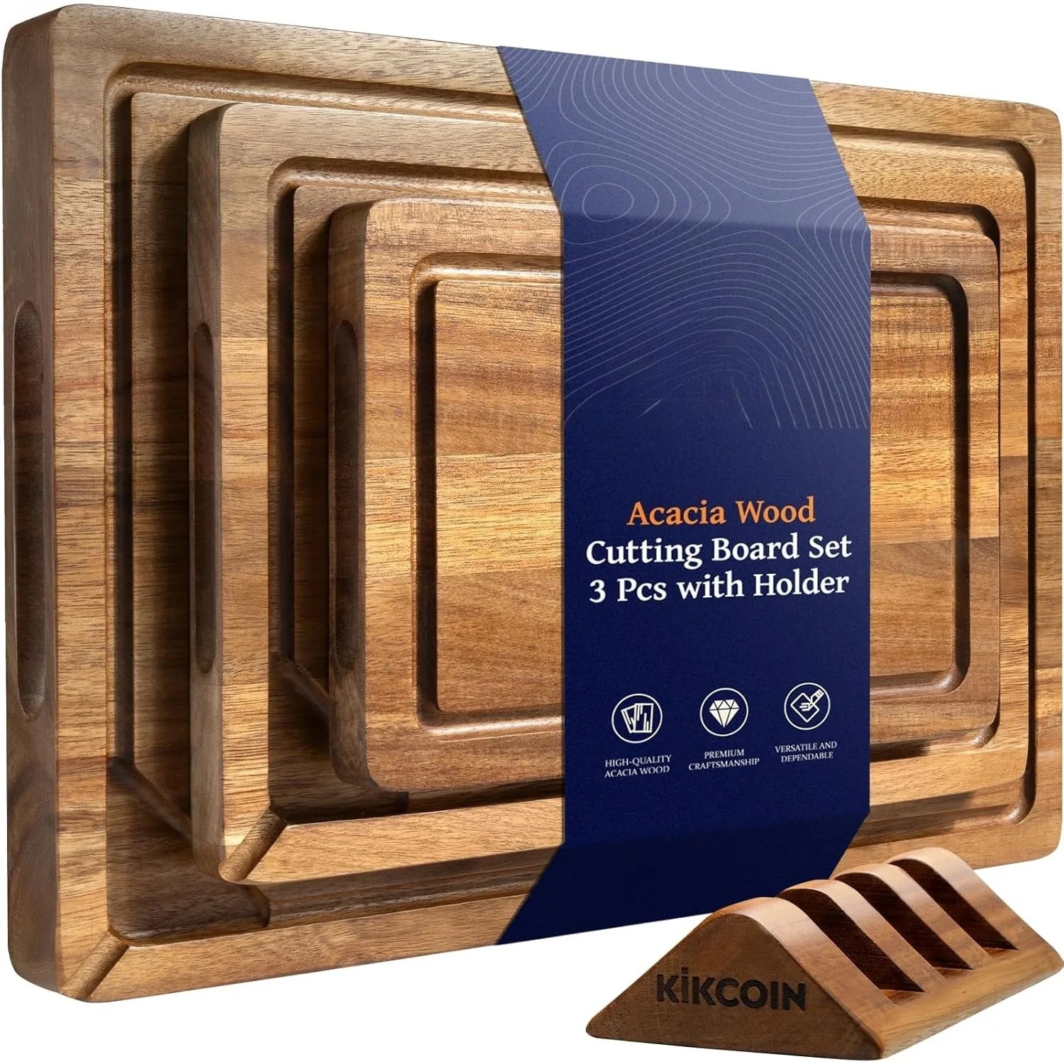 

A set of 3 wooden cutting boards with brackets, a tray wooden cutting board with built-in compartments and juice troughs