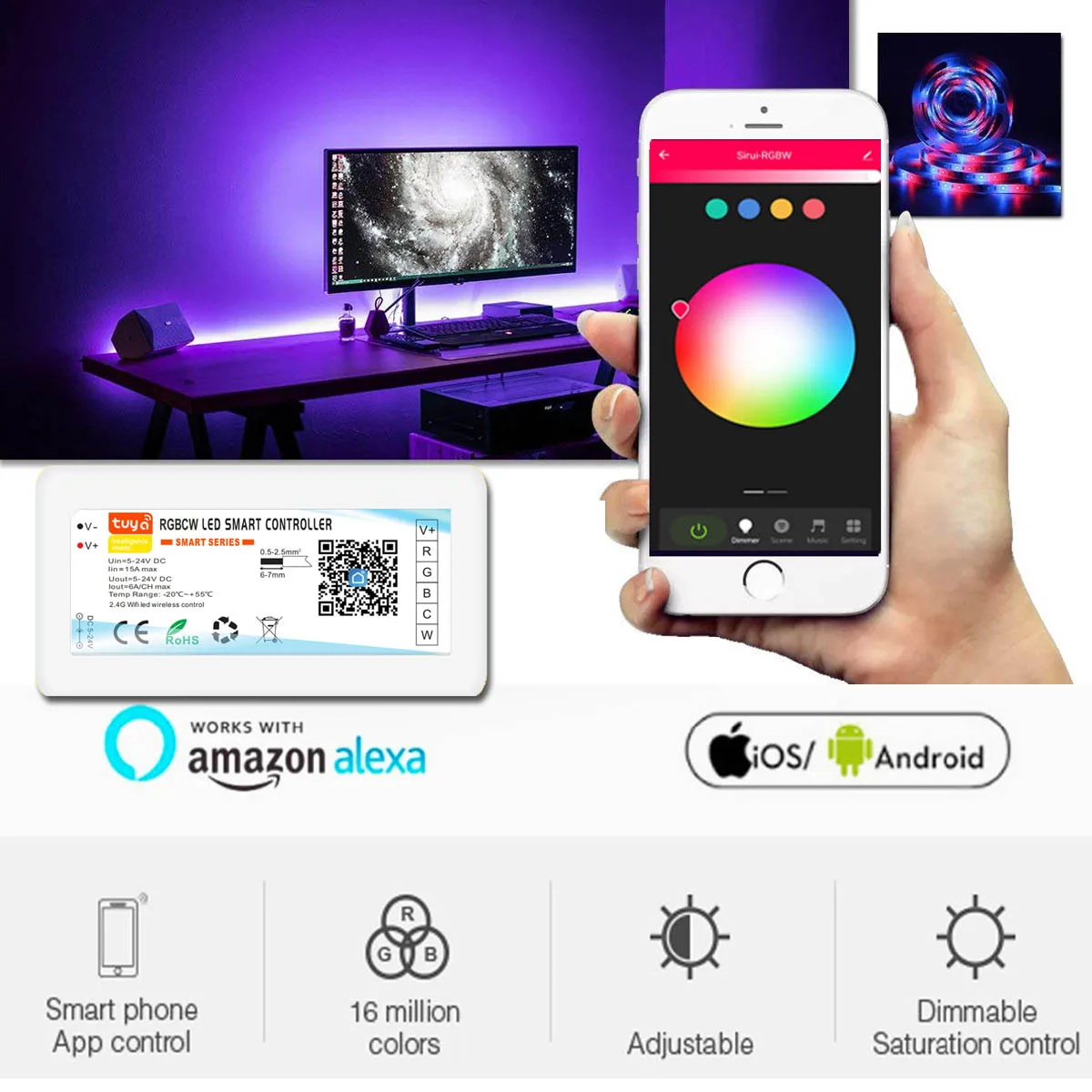 WiFi Smart Controller Tuya Alexa Google Home Voice DC5-24V Single color Dimmer CCT RGB RGBW RGBCCT 5 in 1 LED Strip APP 2.4G RF