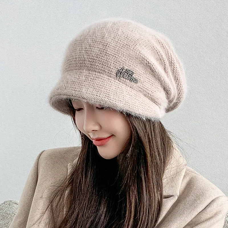 Autumn Rabbit Fur Knitted Hat for Girl Women Winter Fashion Solid Short Brim Soft Warm Cashmere Wool Skullies Female Thick Hats