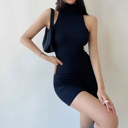 Sleeveless Bodycon Dress Women Turtleneck Pleated Mini Dresses Summer Sexy Black Skinny Stretchy Party Club Vestidos