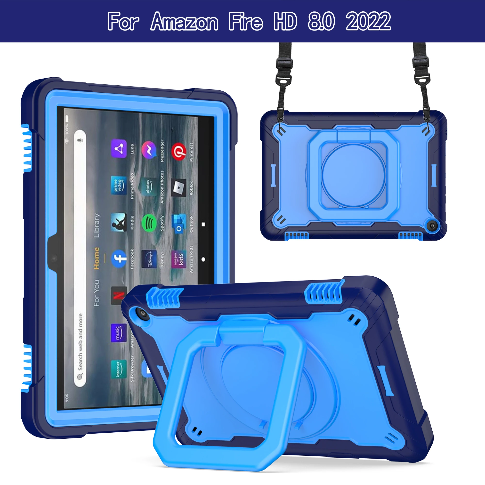 Dropproof tablet case for Amazon Fire HD 8 ( 2022), 360° swivel bracelet holder, contrasting design, with shoulder straps