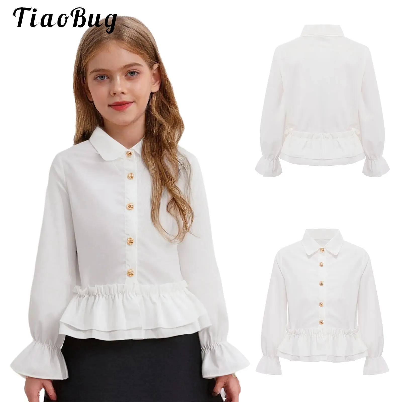 

Spring and Autumn New Girls White Shirt Children's Fashion Puff Long Sleeve Lapel Blouse Ruffles School Girls Tops