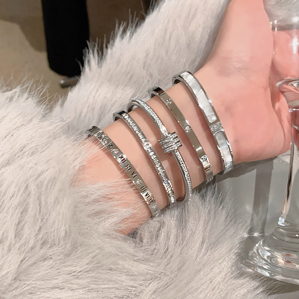 1 pulsera de plata de acero de titanio, estilo clásico de moda, pulsera de acero inoxidable, con incrustaciones de circón, para uso diario de mujer