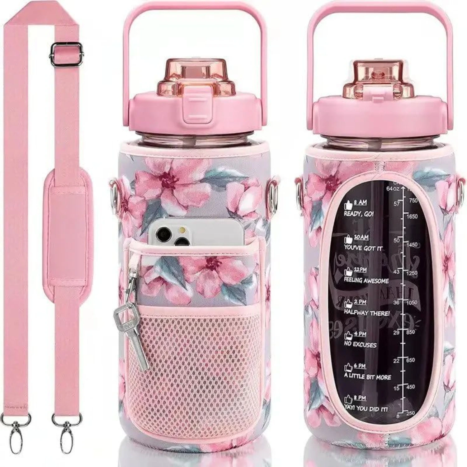 Convenient and Stylish Queen White Blossom Neoprene Water Bottle Carrier Bag with Adjustable Shoulder Strap - Ideal for Gym, Spo