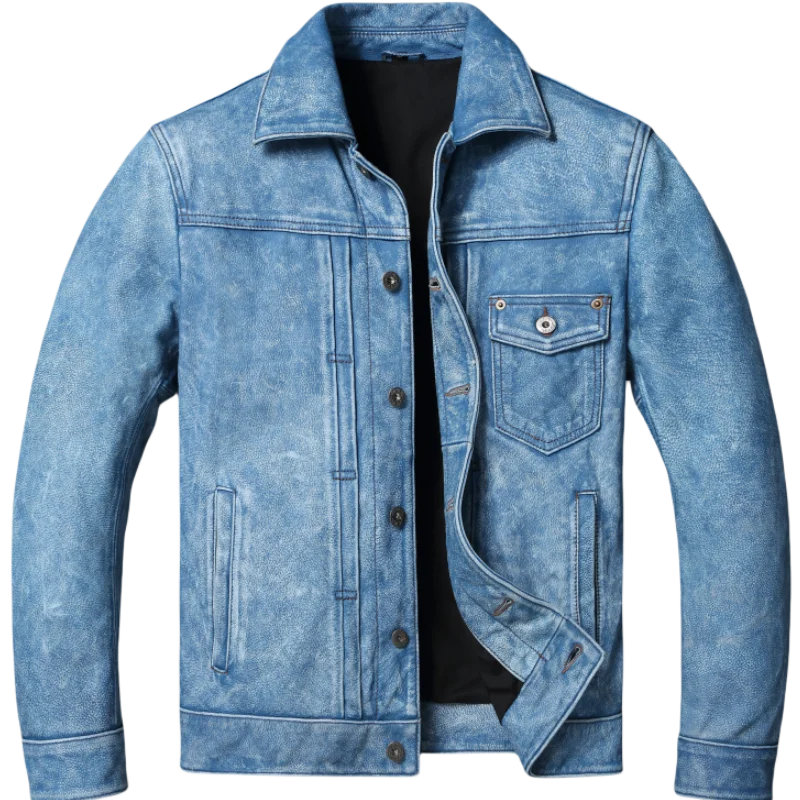 Vintage Indigo Washed & Stonewashed Distressed Full-Grain Leather Jacket for Men - 506 American Denim Biker Style oversize 5xl