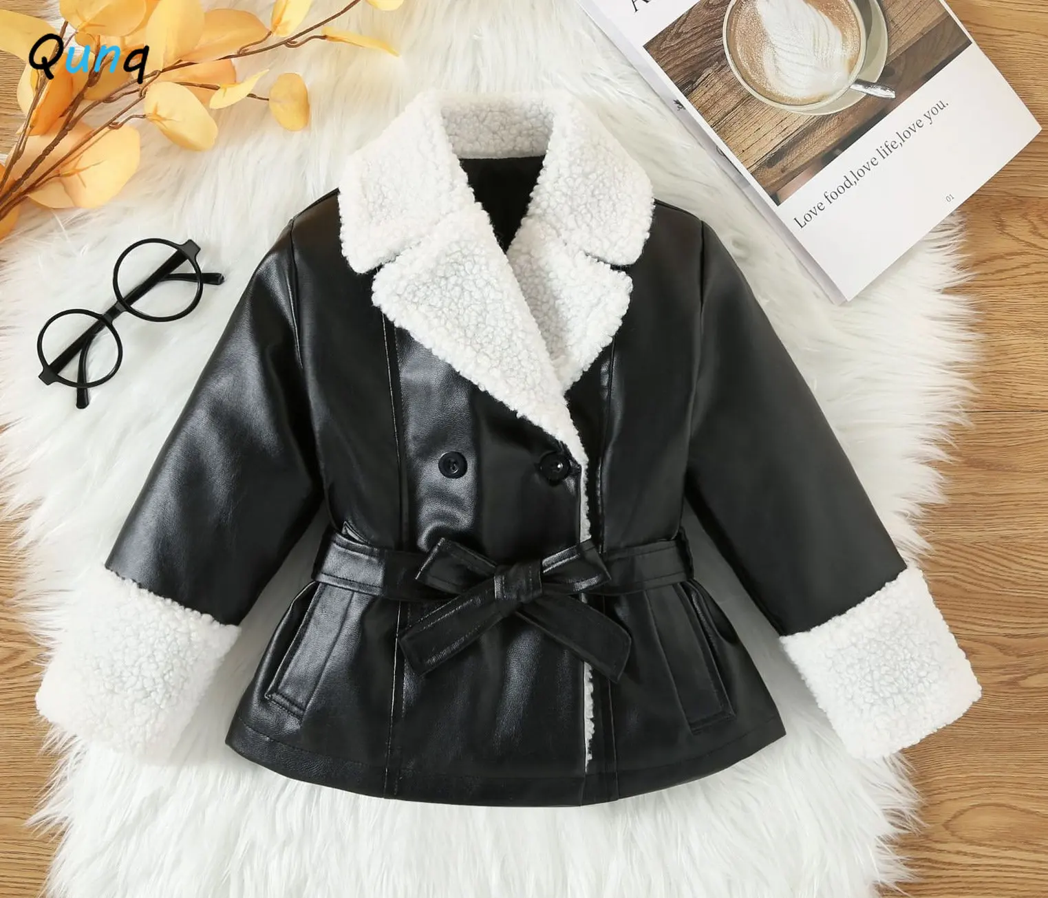 

Qunq Autumn Winter New Girls Pu Turn-down Collar Splicing Thicken Wool Keep Warm Jacket And Belt Casual Kids Clouthes Age 3T-8T