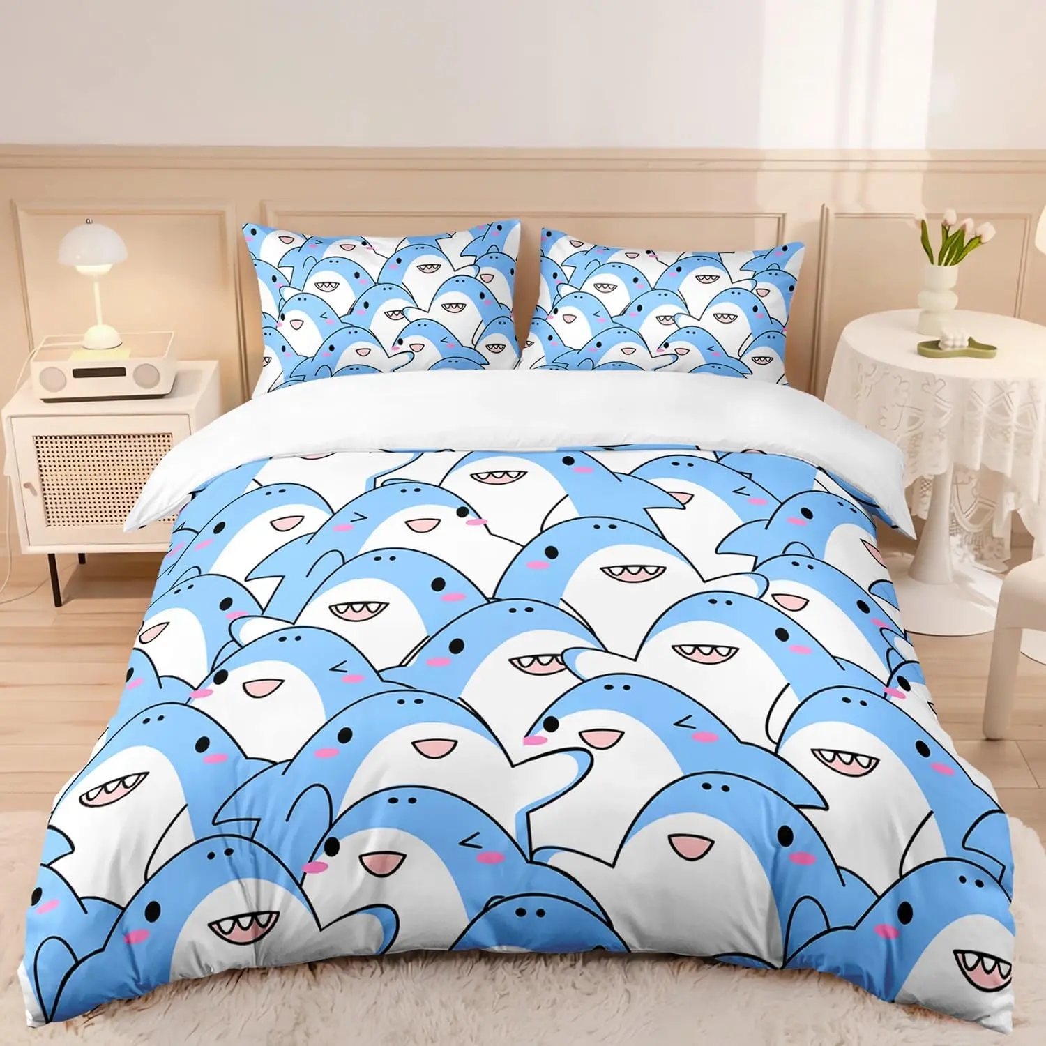 

Cartoon Shark Duvet Cover Set for Kids Blue Shark Bedding Set Lovely Sea Animal Comforter Cover with 2 Pillowcase Bedroom Decor