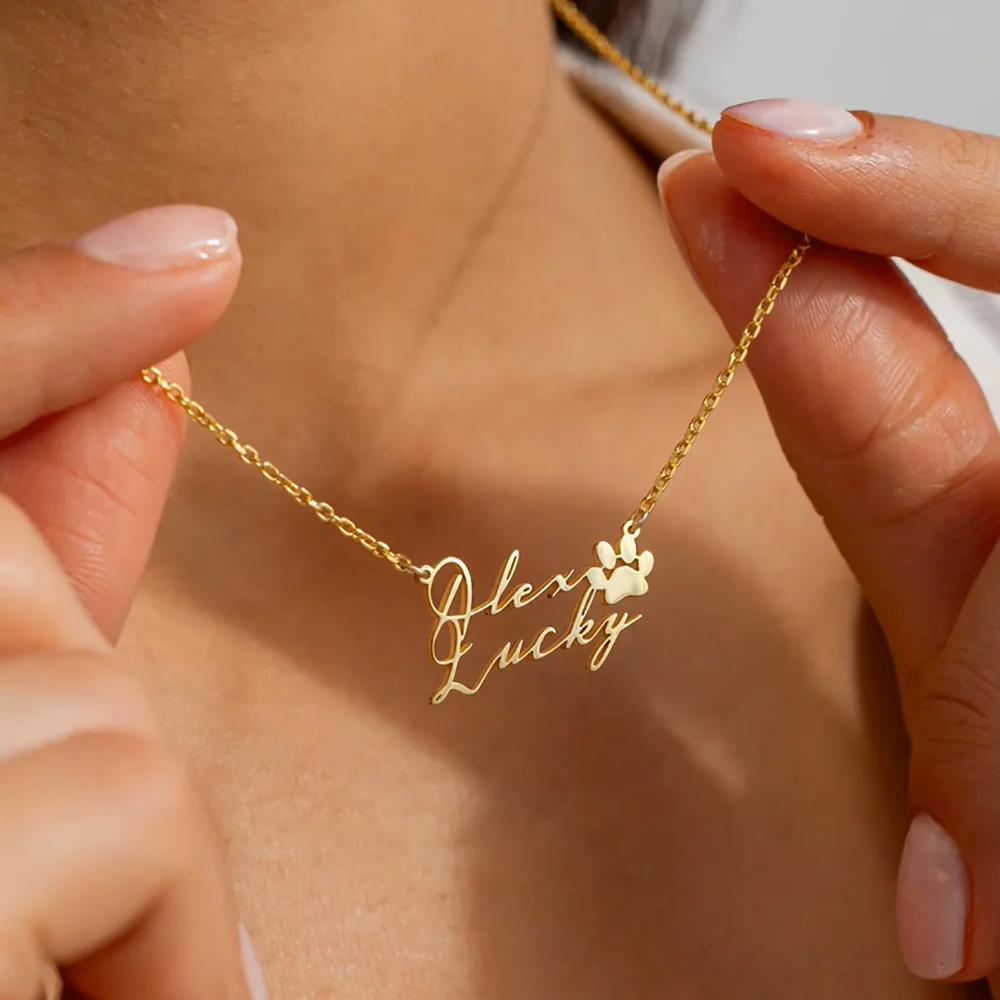 

Custom Pet Lover Necklace Personalized Two Name Stainless Steel Necklace with Pet Paw Print Exquisite Jewellery Gift Women