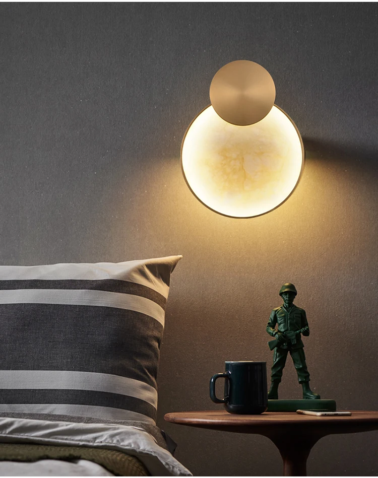 Natural Marble LED Wall Lamp Round Shape Gold Metal Free