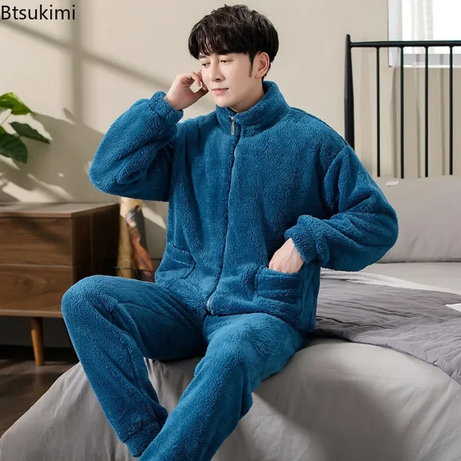 Fashion Stand Collar Zipper Pajama Sets for Men Winter Thickened Warm Flannel Homewear Man Coral Fleece Sleepwear Suit Oversized