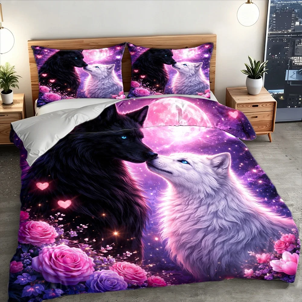 Dreamy Couple Wolf Floral Duvet Cover Set Multi Size Quilt Cover Queen Size Bedroom Bedding Decoration Machine Washable Adult Boy Girl Bedroom
