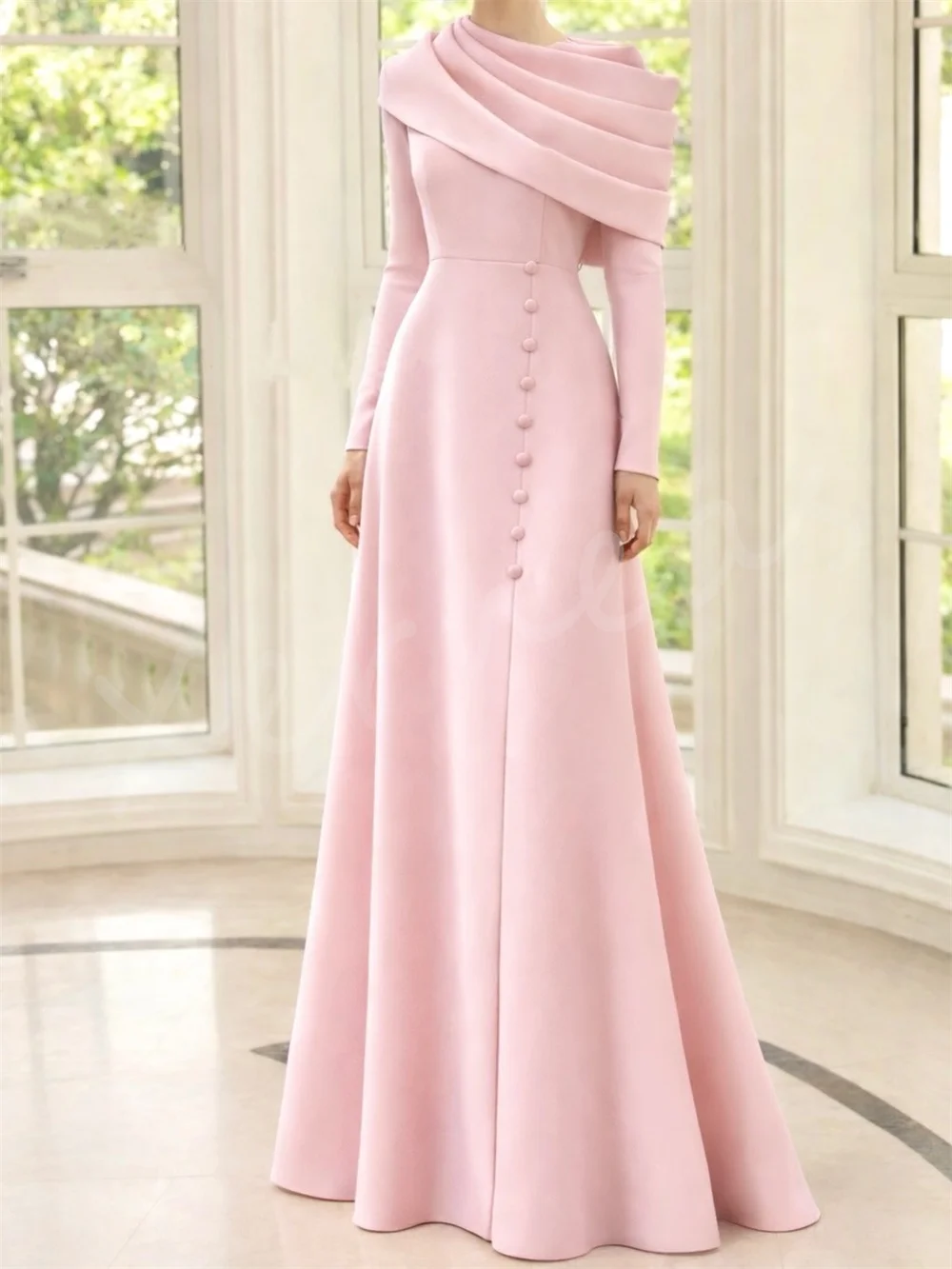 Customized Women's Formal Long Sleeves Evening Gowns Button A-line O-Neck Long Dresses High Quality Party Dress Elegant