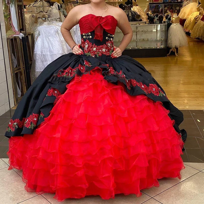 Vestido de baile preto vermelho quinceanera vestidos organza babados vestidos de baile apliques rendas até doce 16 vestido pageant vestidos de festa