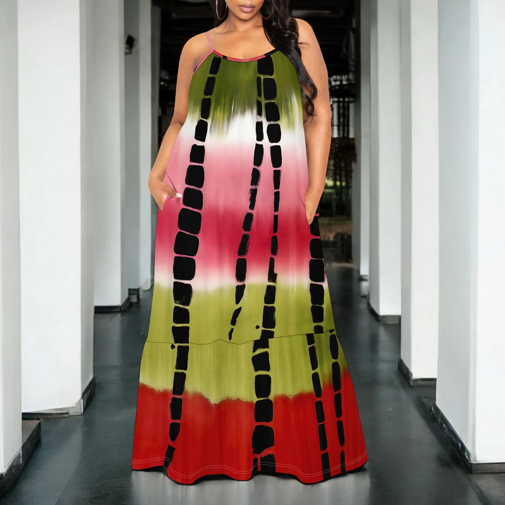 

Red Green Abstract Maxi Dress S-3XL Spaghetti Strap Loose Fit with Pockets for Summer Vacation, Brunch or Afro Street Look