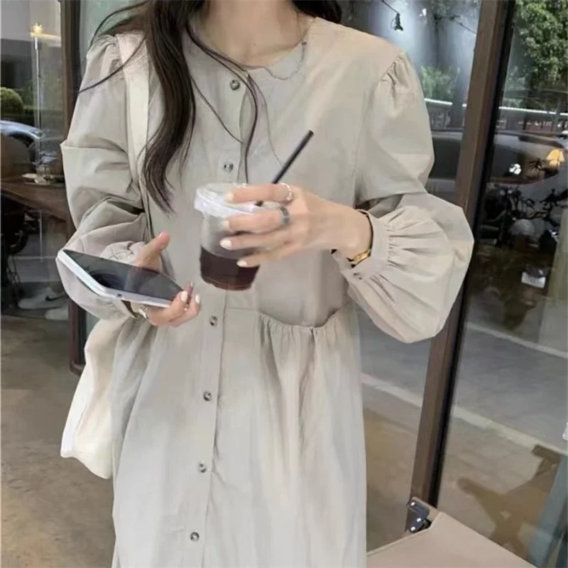 REALEFT Autumn Winter Single Breasted Women's Shirt Dresses 2025 New High Waist Long Sleeve Elegant Korean Dress Pockets Female